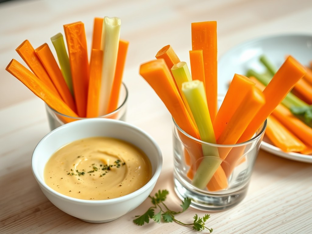 Groentesticks met currydip, AI-gegenereerde illustratie