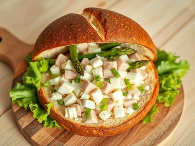 Groot rond bruin brood gevuld met asperge-ham-eisa