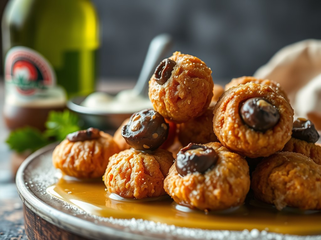 Grotchampignonbeignets in bierbeslag, AI-gegenereerde illustratie