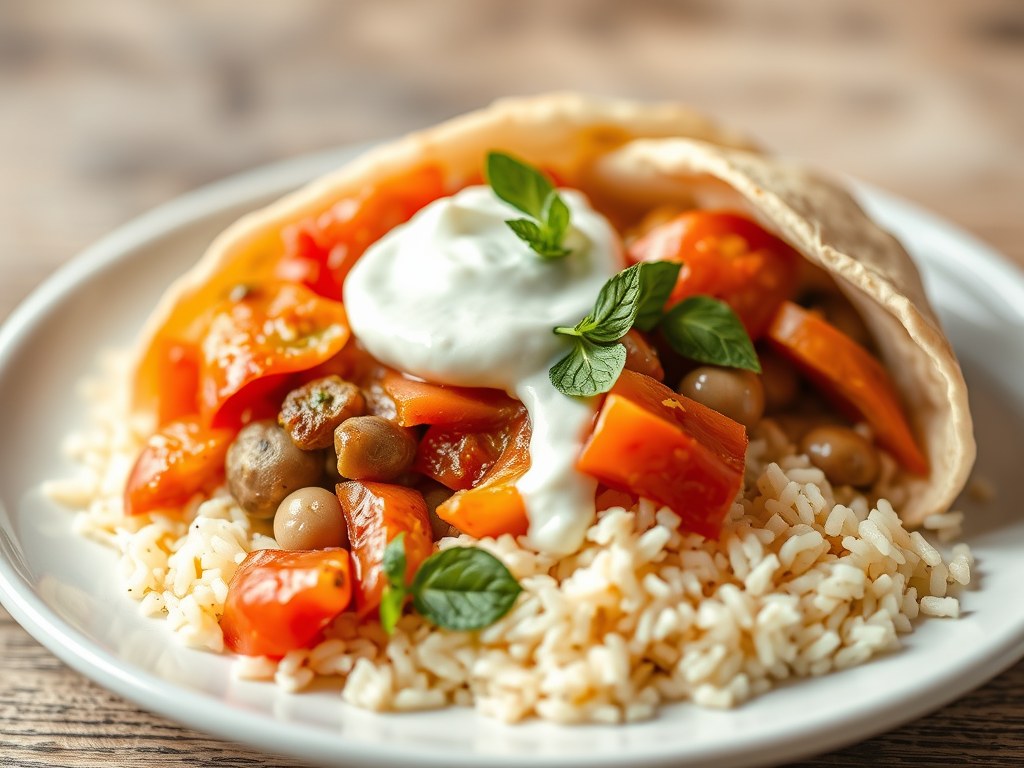 Gyros met tomatenroom en rijst, AI-gegenereerde illustratie