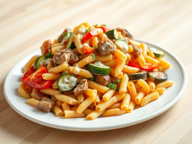 Gyrosreepjes met Toscaanse groente en macaroni
