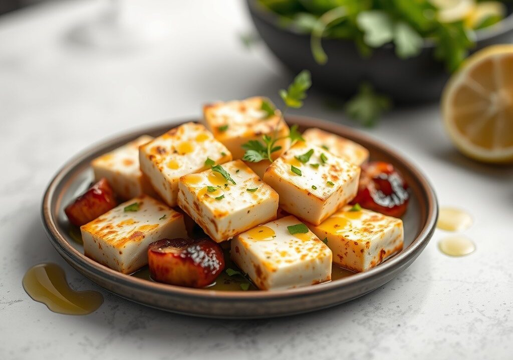Halloumi met bietjes en limoen, AI-gegenereerde illustratie