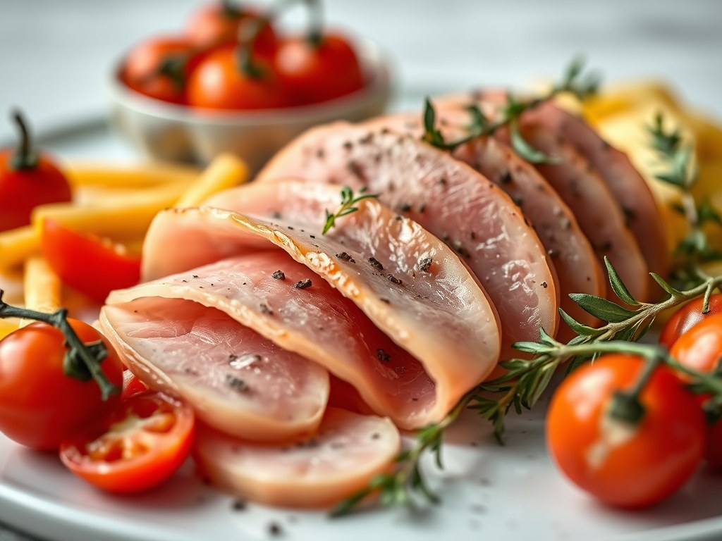 Ham assorti met gedroogde tomaten uit Julienne, AI-gegenereerde illustratie