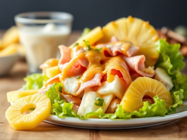 Ham- kaas salade met ananas- whisky-saus