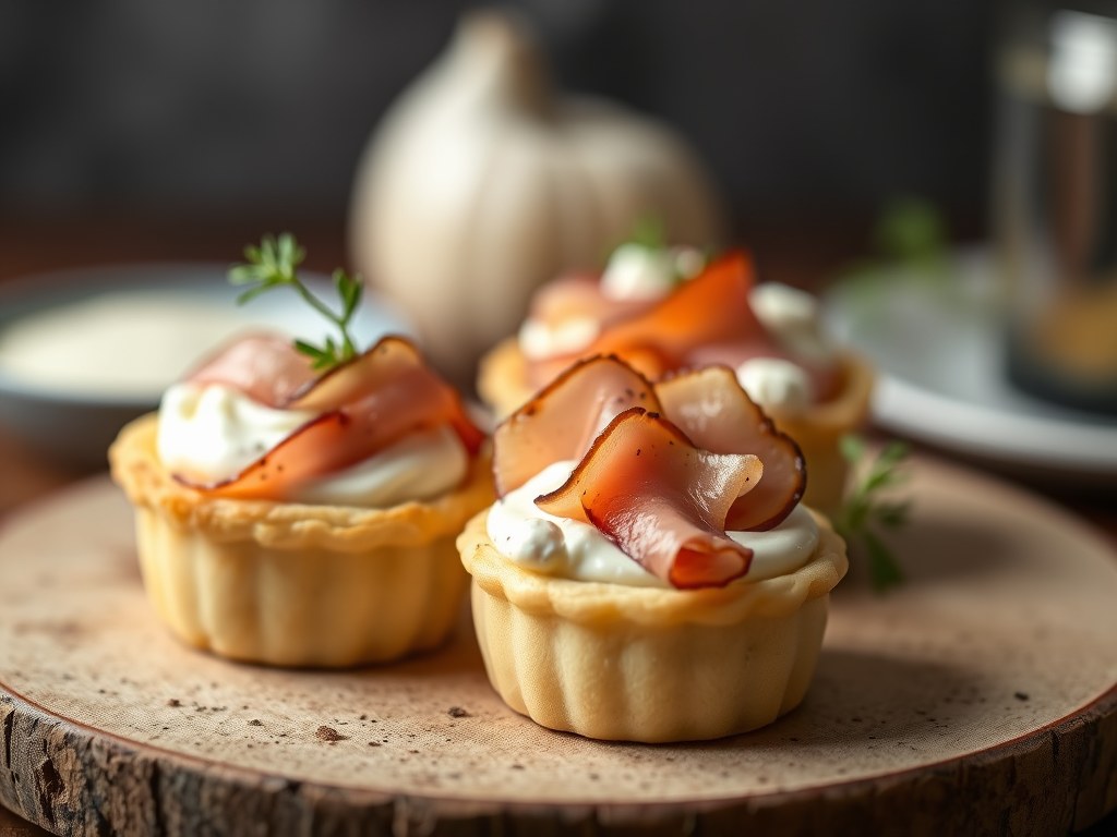 Ham-kaasmousse in kleine pasteitjes, AI-gegenereerde illustratie
