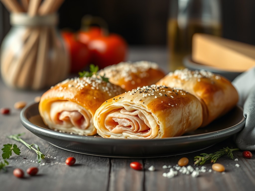 Ham-kaasrolletjes met boursin, AI-gegenereerde illustratie