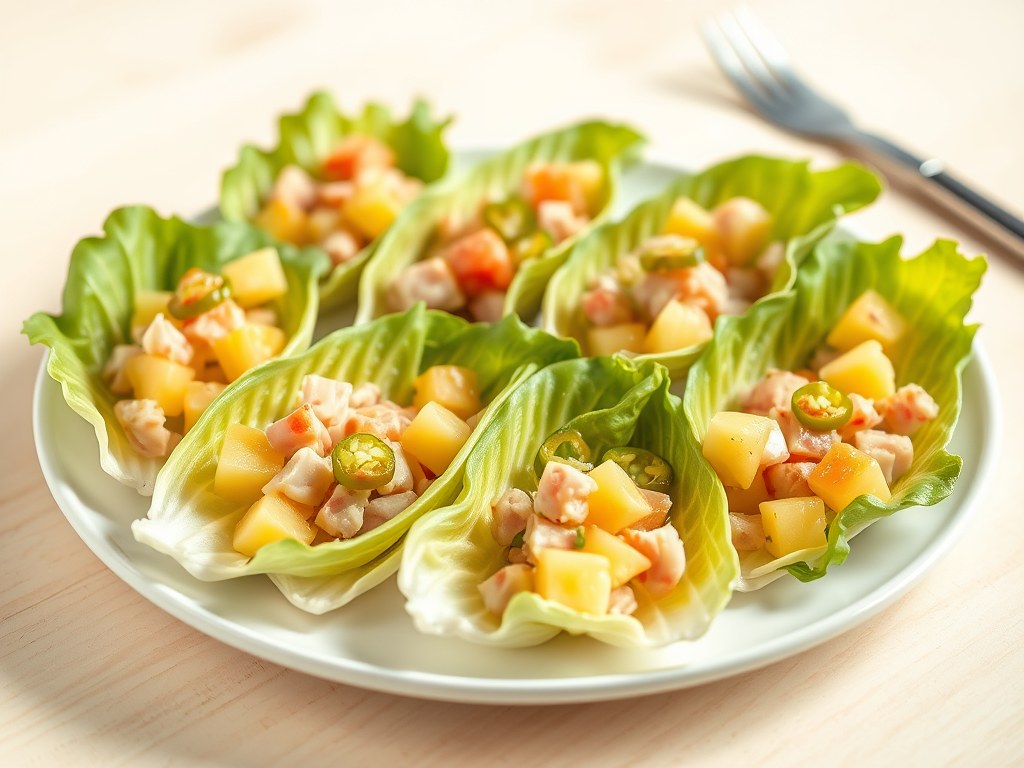Ham met ananassalade in witlof, AI-gegenereerde illustratie