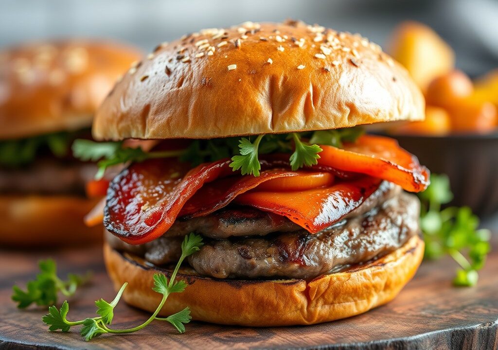 Hamburger van biefstuk en bacon, AI-gegenereerde illustratie