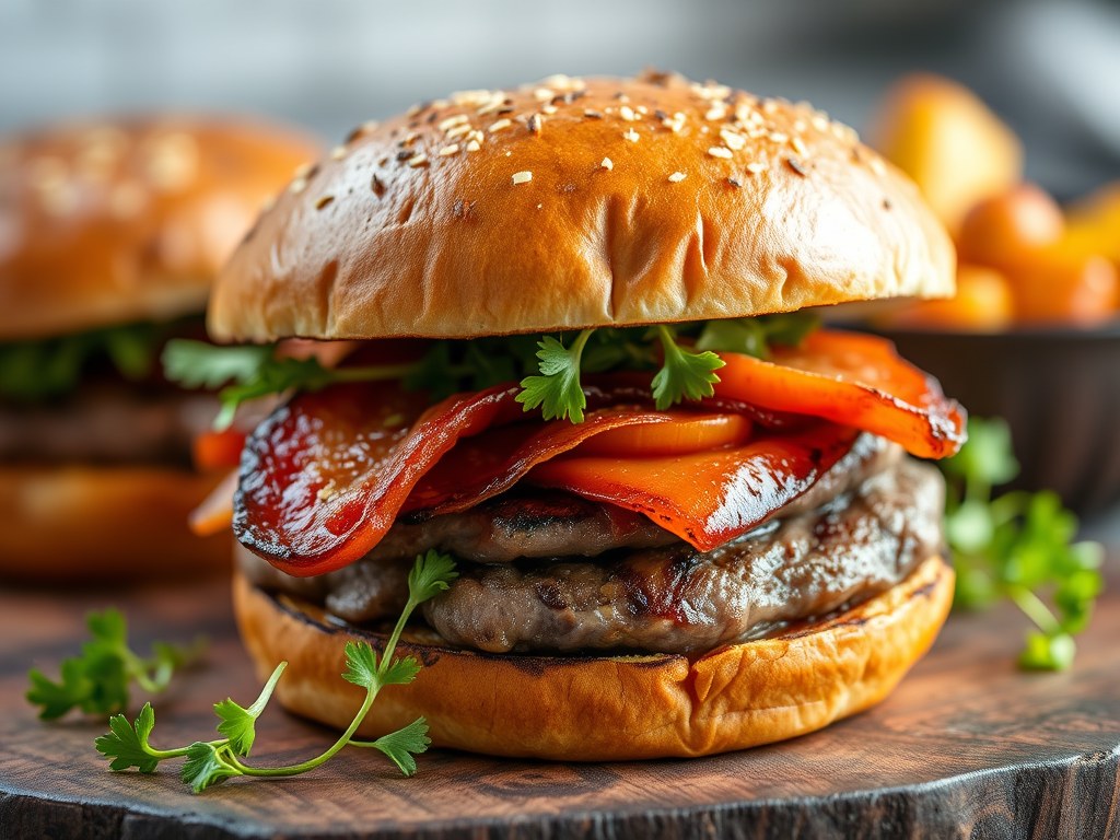 Hamburger van biefstuk en bacon, AI-gegenereerde illustratie