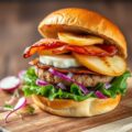 Hamburger van geitenkaas, spek, gebakken appel en spek