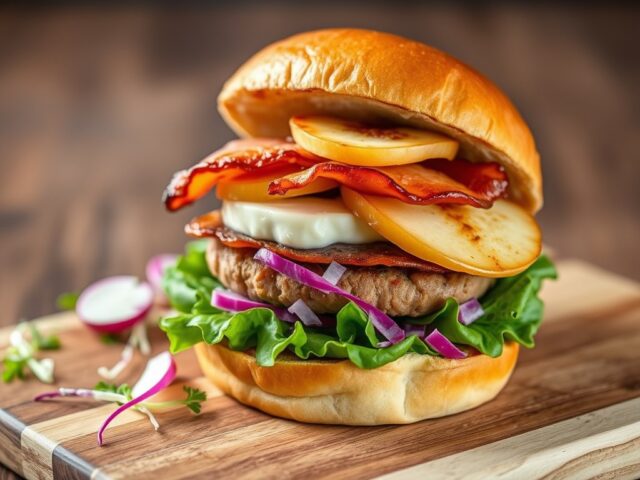 Hamburger van geitenkaas, spek, gebakken appel en spek