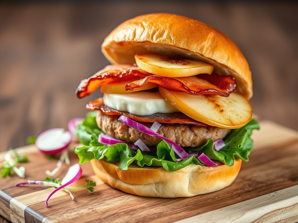Hamburger van geitenkaas, spek, gebakken appel en spek, AI-gegenereerde illustratie