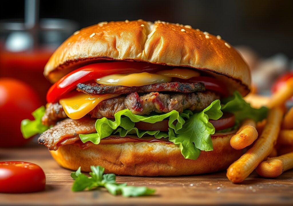 Hamburger (zoals je ze bij McDonalds krijgt), AI-gegenereerde illustratie