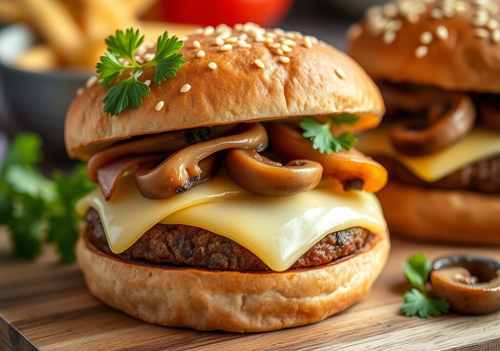 Hamburgers met kaas,ham en champignons, AI-gegenereerde illustratie