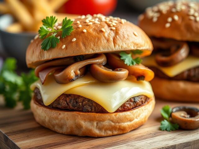 Hamburgers met kaas,ham en champignons