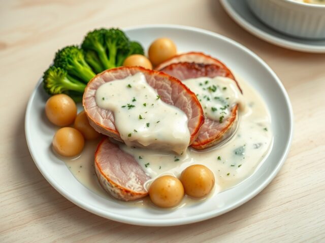 Hamlappen in sjalottensaus met krieltjes en broccoli