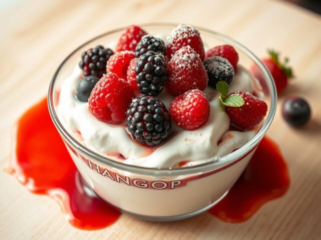 Hangop met rood fruit en een warm rood fruitsoepje