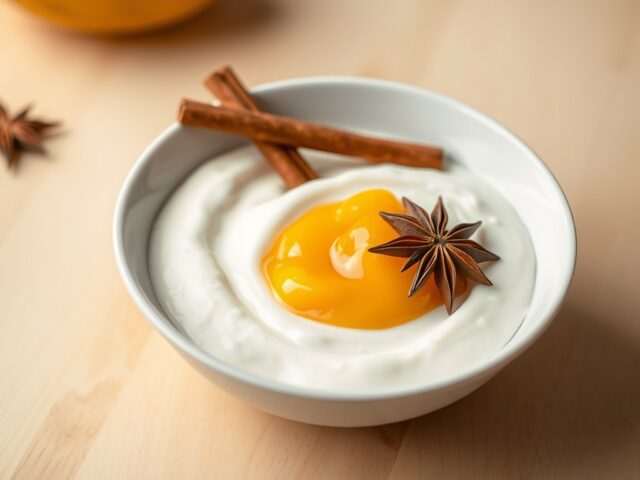 Hangop van boerenyoghurt met mangocompote,