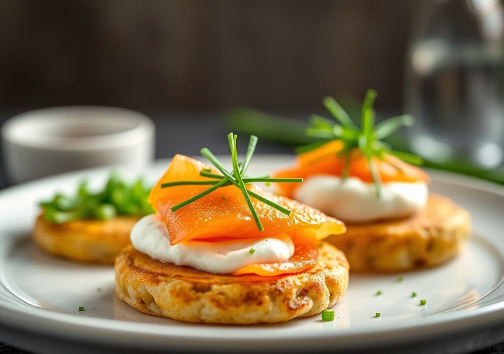 Hapjes met gerookte zalm en kappertjes, AI-gegenereerde illustratie