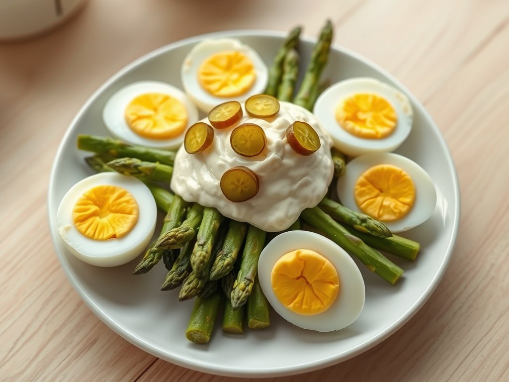 Harde eieren met asperges, AI-gegenereerde illustratie