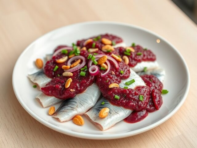 Haring met rodebietpesto