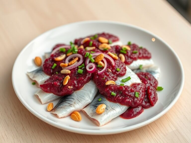 Haring met rodebietpesto