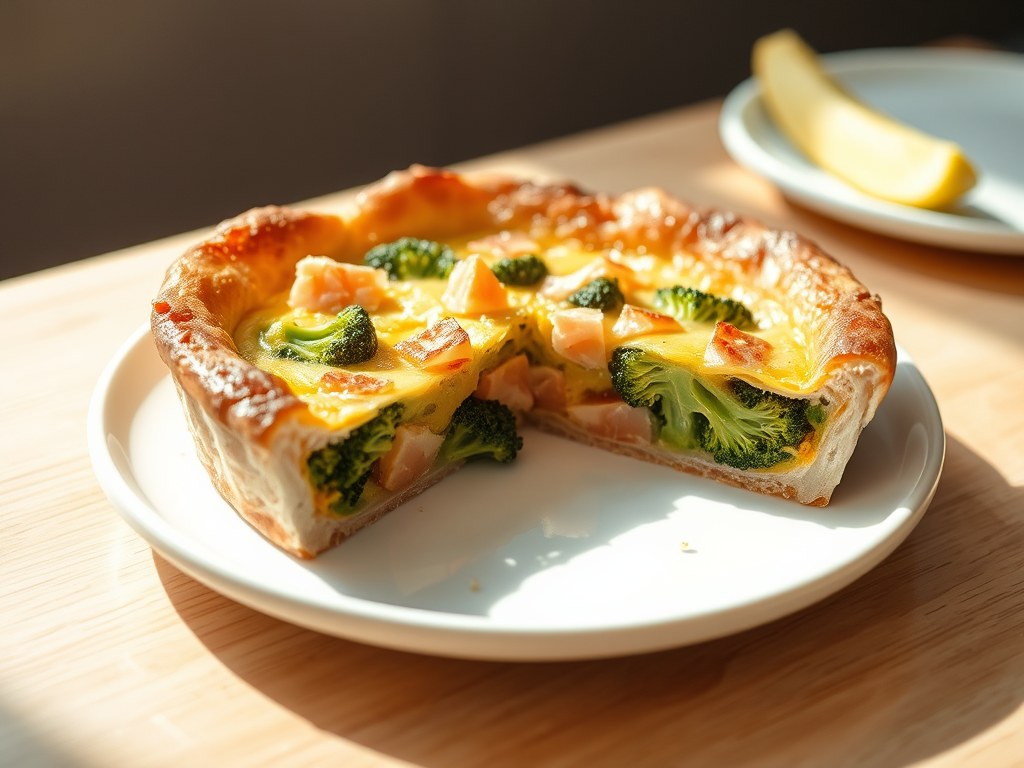 Hartige broodtaart met zalm en broccoli, AI-gegenereerde illustratie