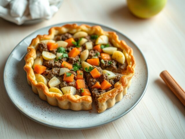 Hartige gehakt-worteltjestaart met appel en peterselie
