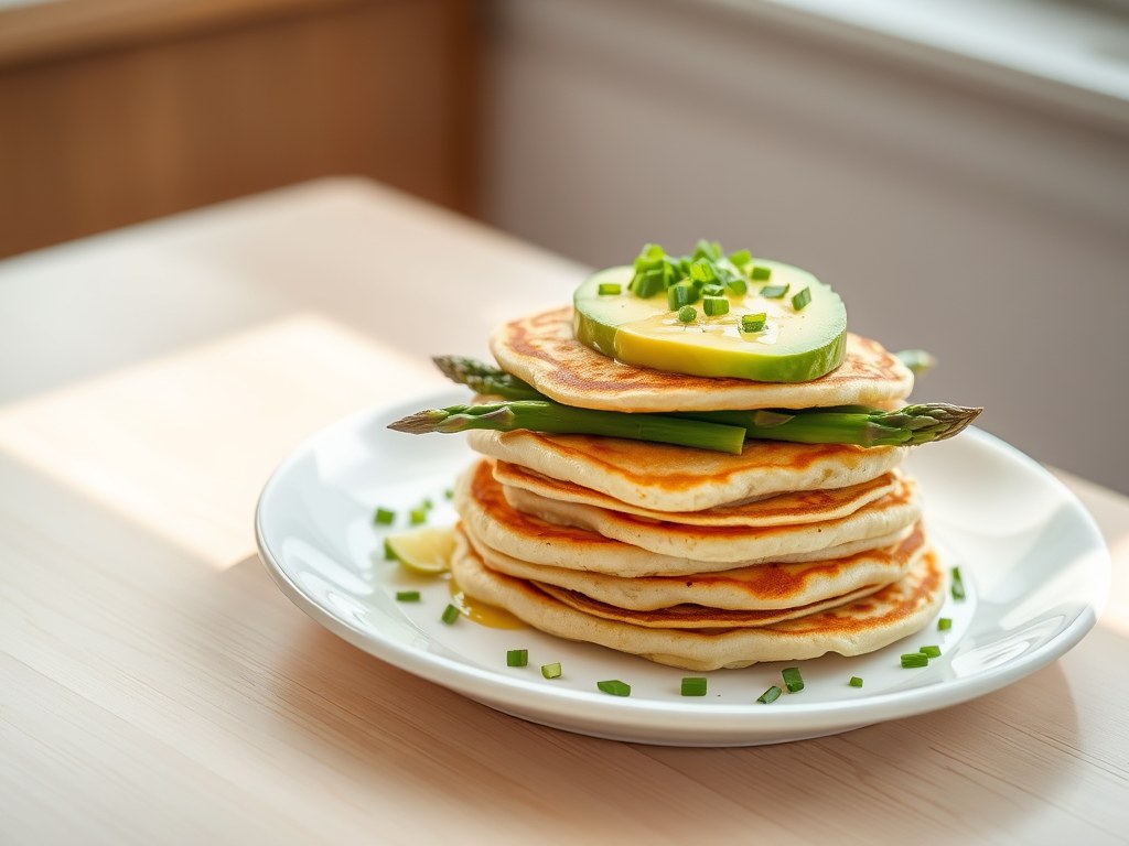 Hartige pannenkoekjes met asperges en avocado, AI-gegenereerde illustratie