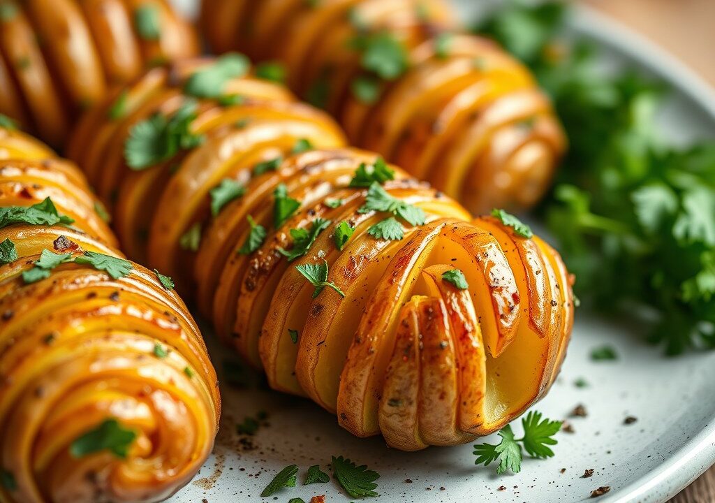 Hasselback aardappelen met warme specerijen, AI-gegenereerde illustratie