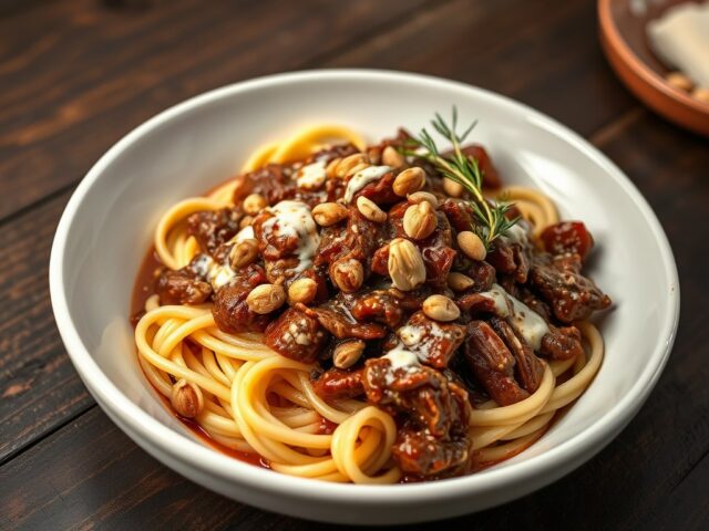 Hazeragout met knoflooksaus en tagliatelle