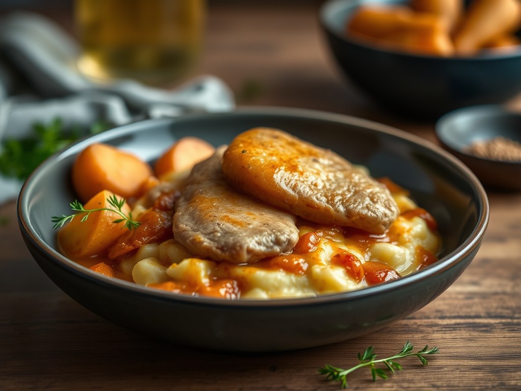 Heekfilet op stamppot van paksoi met gekonfijte ra, AI-gegenereerde illustratie