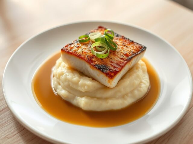 Heilbot met aardappelpuree, lente-ui en bakjus