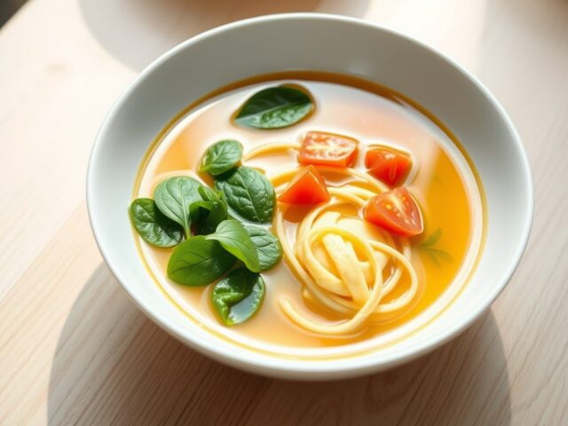 Heldere bouillon met omeletreepjes