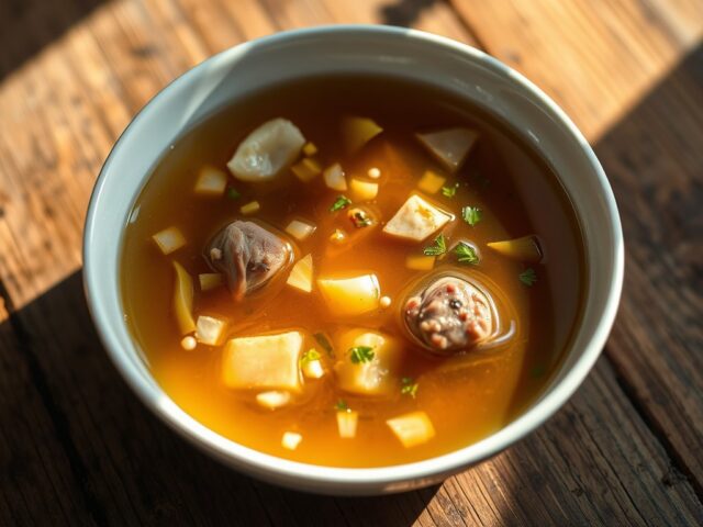Heldere bouillon van bosduif met groenten