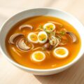 Heldere runderbouillon met een garnituur van shii-