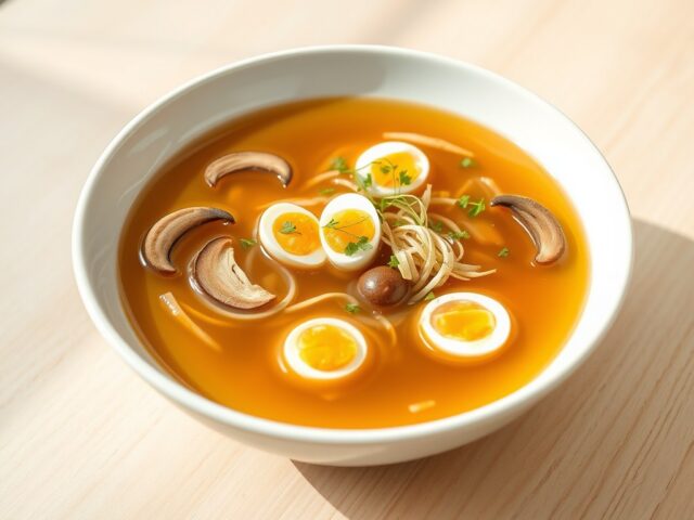 Heldere runderbouillon met een garnituur van shii-