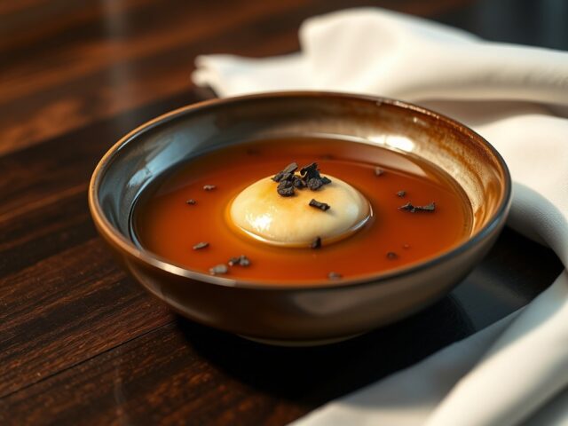 Heldere runderbouillon met madeira en truffelquene