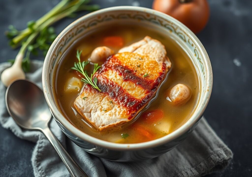 Heldere soep met gerookte kipfilet, AI-gegenereerde illustratie