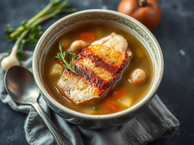 Heldere soep met gerookte kipfilet — AI-gegenereerde illustratie