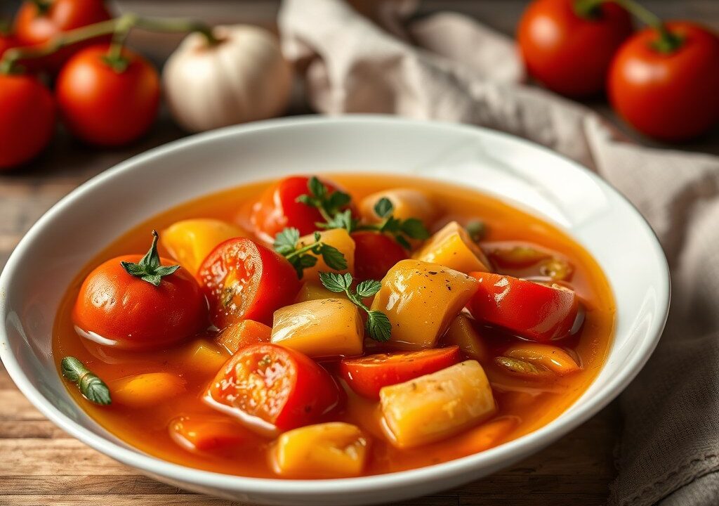Heldere tomatenbouillon met doperwtjes en kalkoen, AI-gegenereerde illustratie