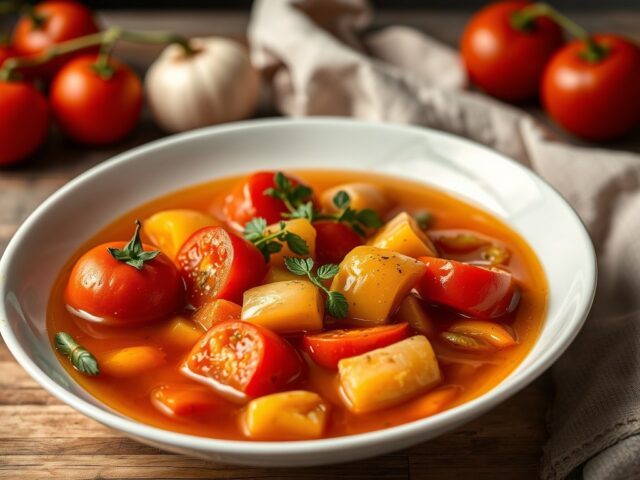 Heldere tomatenbouillon met doperwtjes en kalkoen