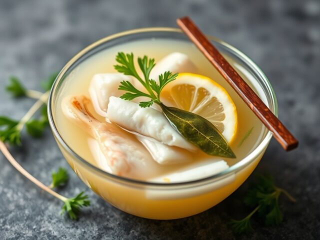 Heldere visbouillon met garnituur