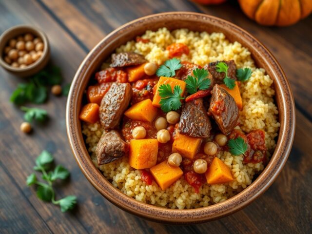 Herfst cous cous met pompoen en kikker erwten