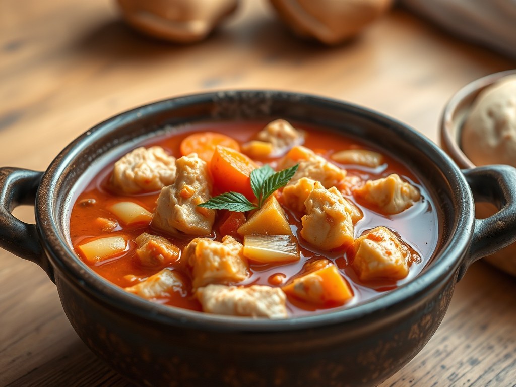 Herfstbestendige, pikante kip-goulash, AI-gegenereerde illustratie
