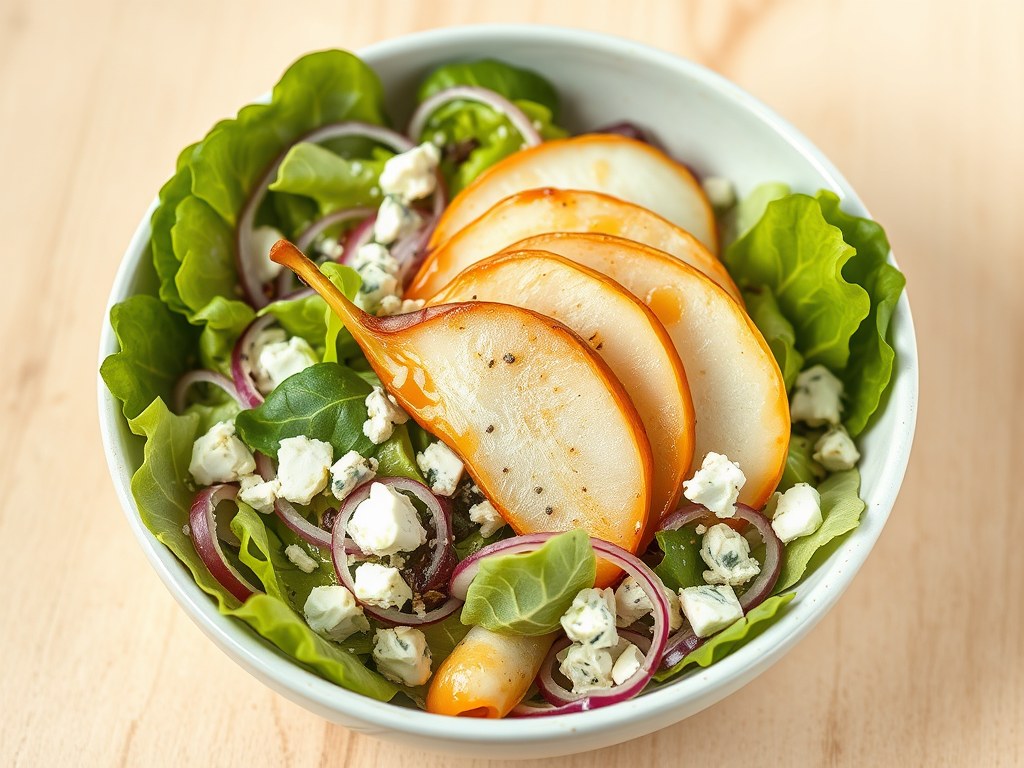 Herfstsalade met peer en roquefort, AI-gegenereerde illustratie
