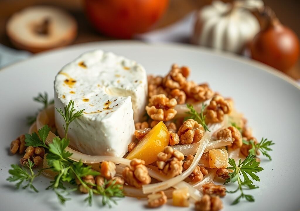 Herfstsalade met warme geitenkaas, AI-gegenereerde illustratie