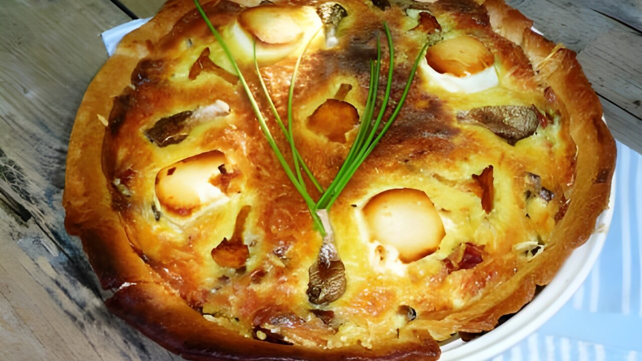 Herfsttaart met cantharellen oesterzwammen en serranoham