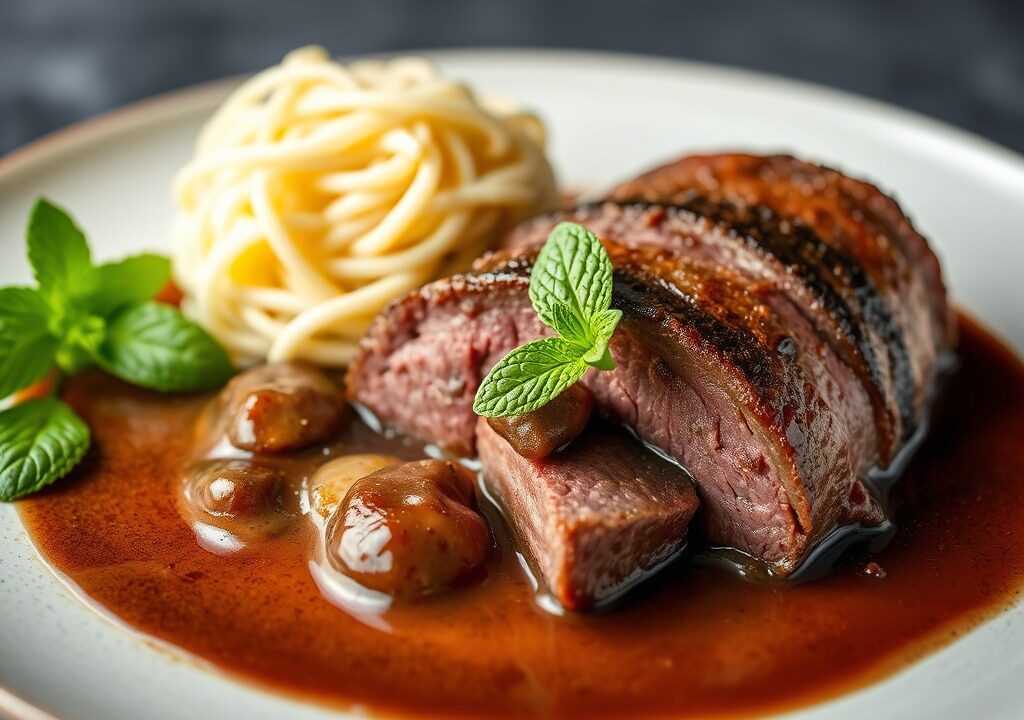 Hertenfilet met koffiesaus en muntsaus, AI-gegenereerde illustratie