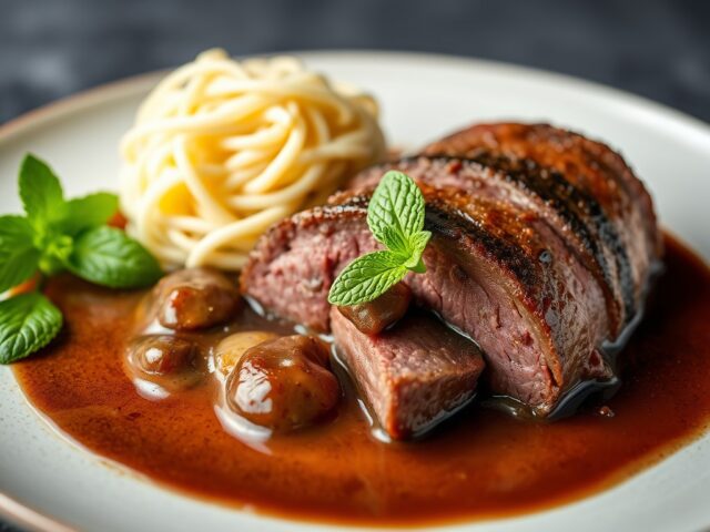 Hertenfilet met koffiesaus en muntsaus — AI-gegenereerde illustratie